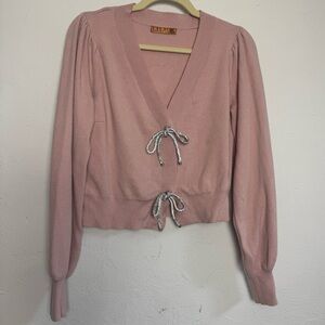 Pink‎ Puff Sleeve Bedazzled Bow Cropped Cardigan